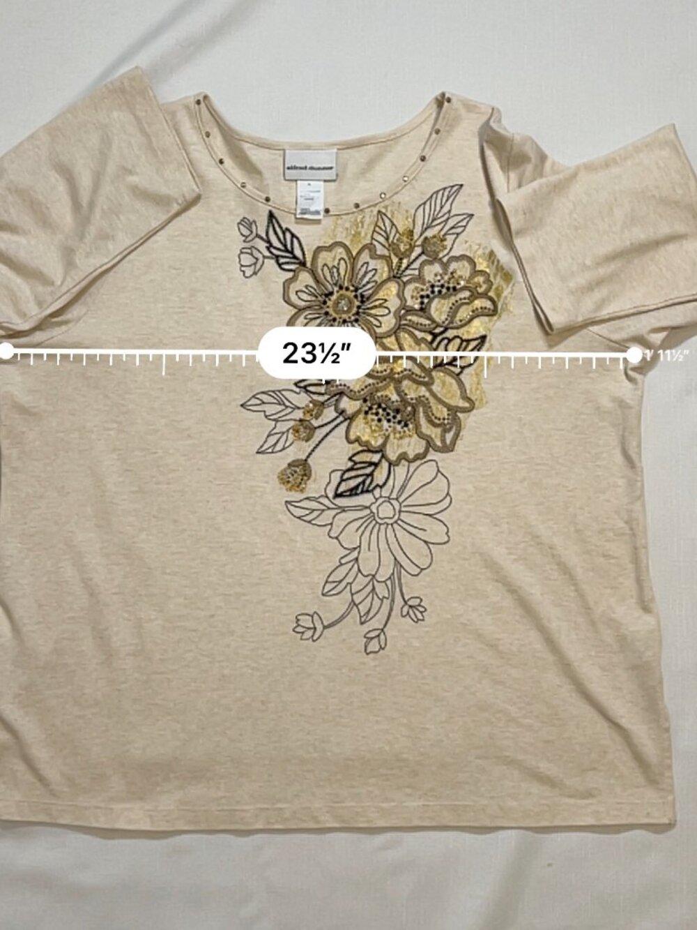 Alfred Dunner Cream Floral Embroidered Rhinestone 3/4 Sleeve Tunic Top XL - Picture 8 of 12